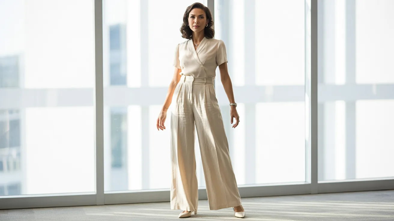 A woman wearing a white shirt and wide pants stands confidently, showcasing a casual yet stylish outfit.
