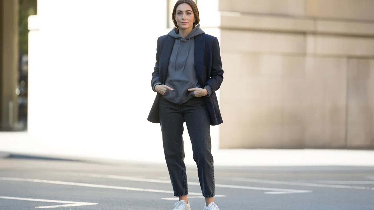 A woman stands confidently on an urban street wearing a gray hoodie, dark blazer, jeans, and white sneakers. The scene conveys a casual yet stylish vibe.