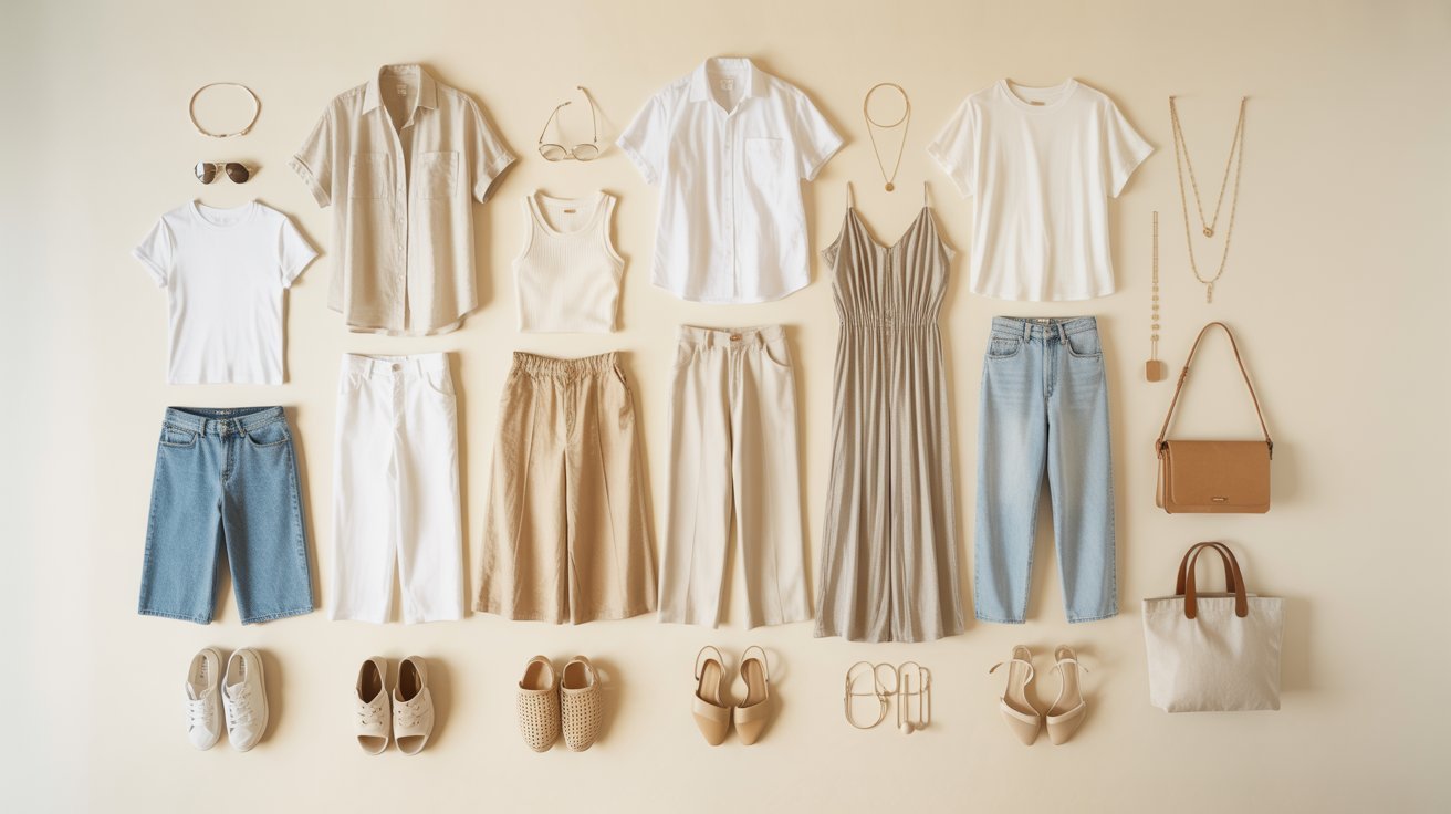 A collection of white and beige clothing items neatly displayed on a wall, showcasing various styles and textures.