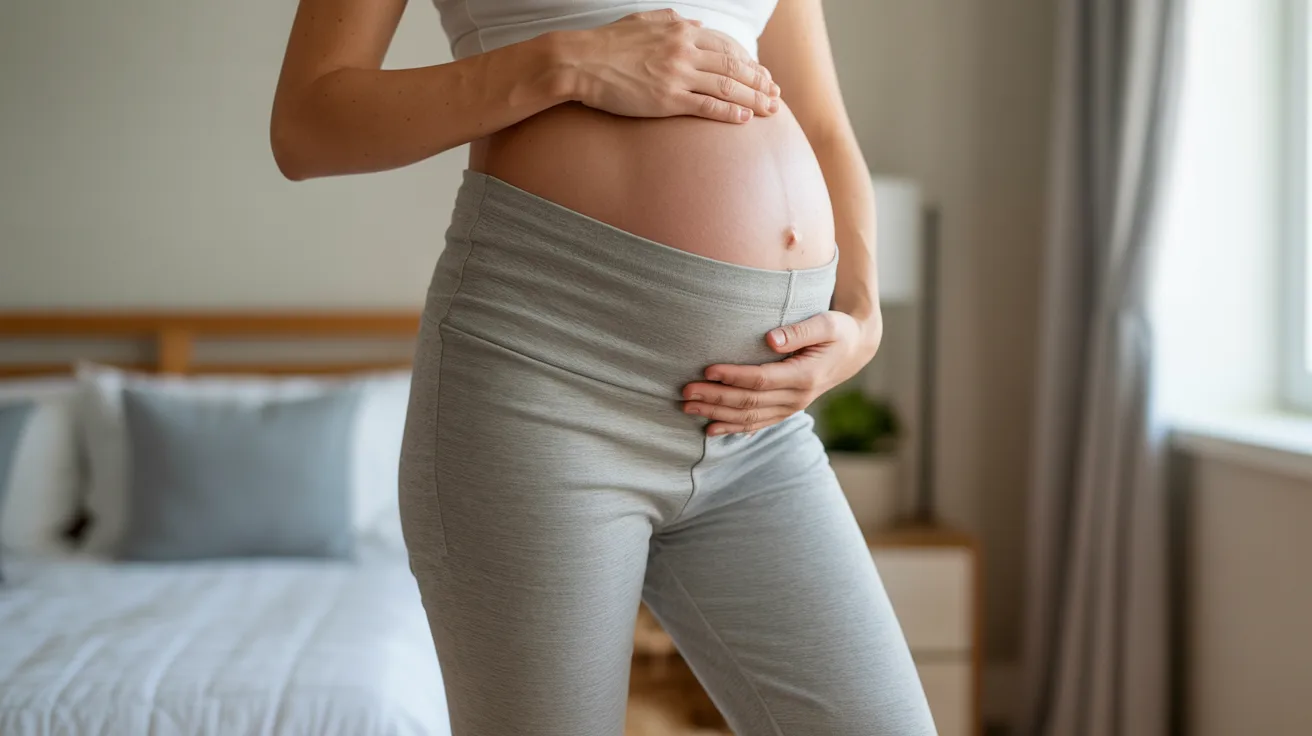 Pregnant woman in a white top and gray pants gently cradles her belly in a sunlit bedroom, conveying a serene and nurturing atmosphere.