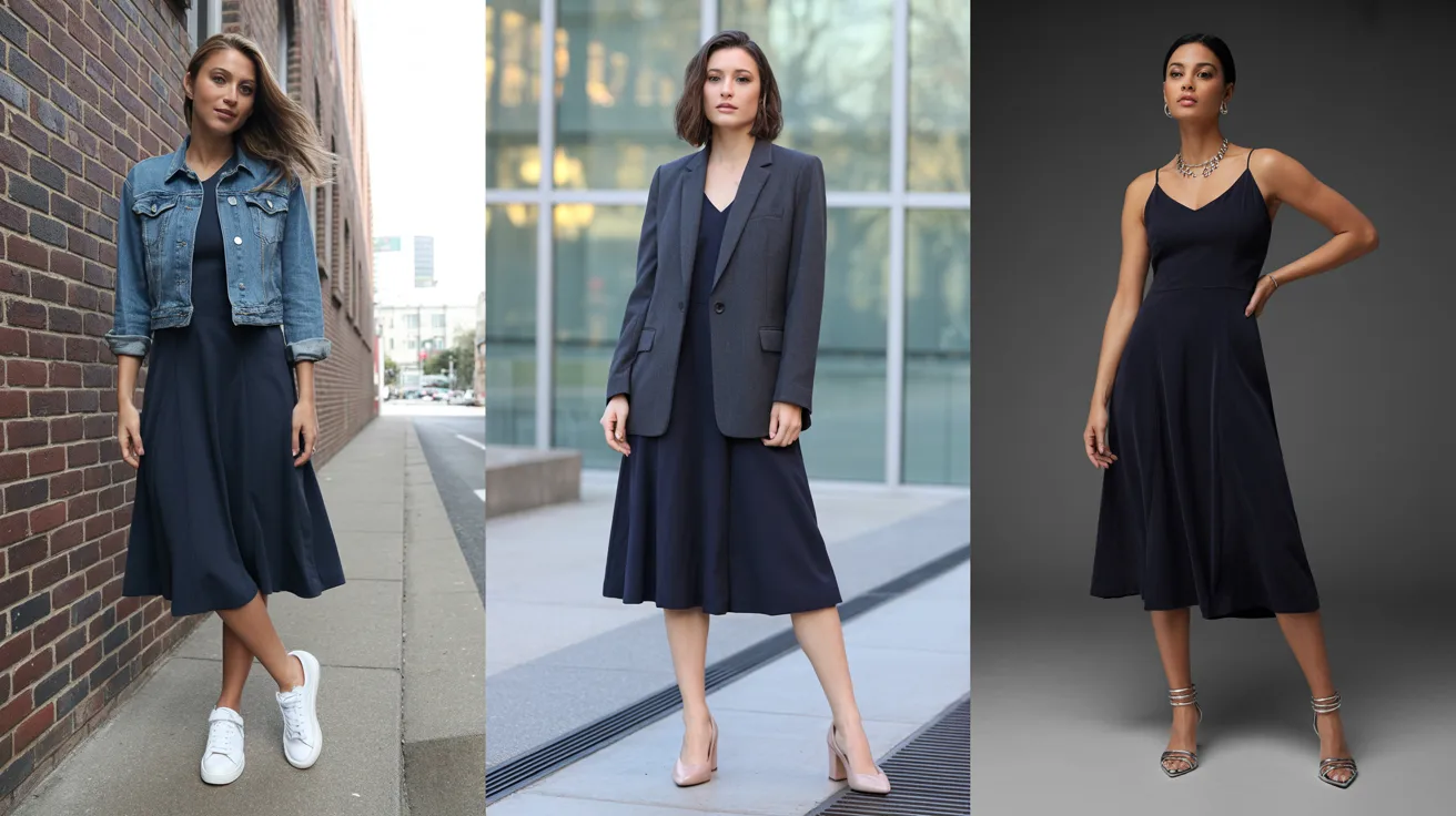Four images of women showcasing various styles of navy dresses in different poses and settings.