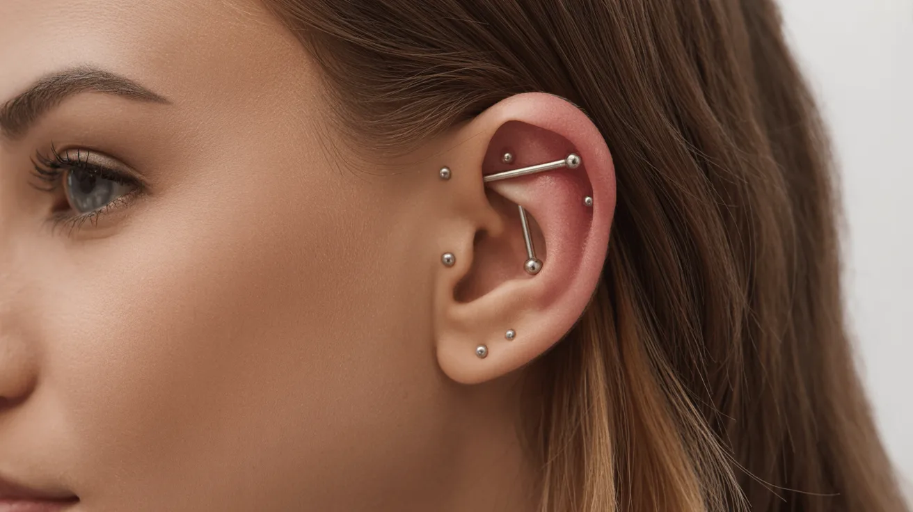 A woman with multiple ear piercings, showcasing a variety of earrings in her ears.