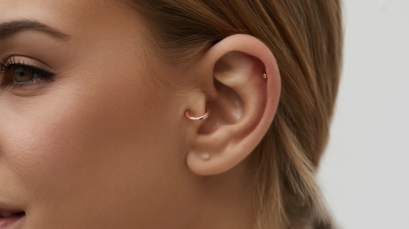 . A woman with a gold ear piercing, showcasing her style and elegance in a close-up portrait.