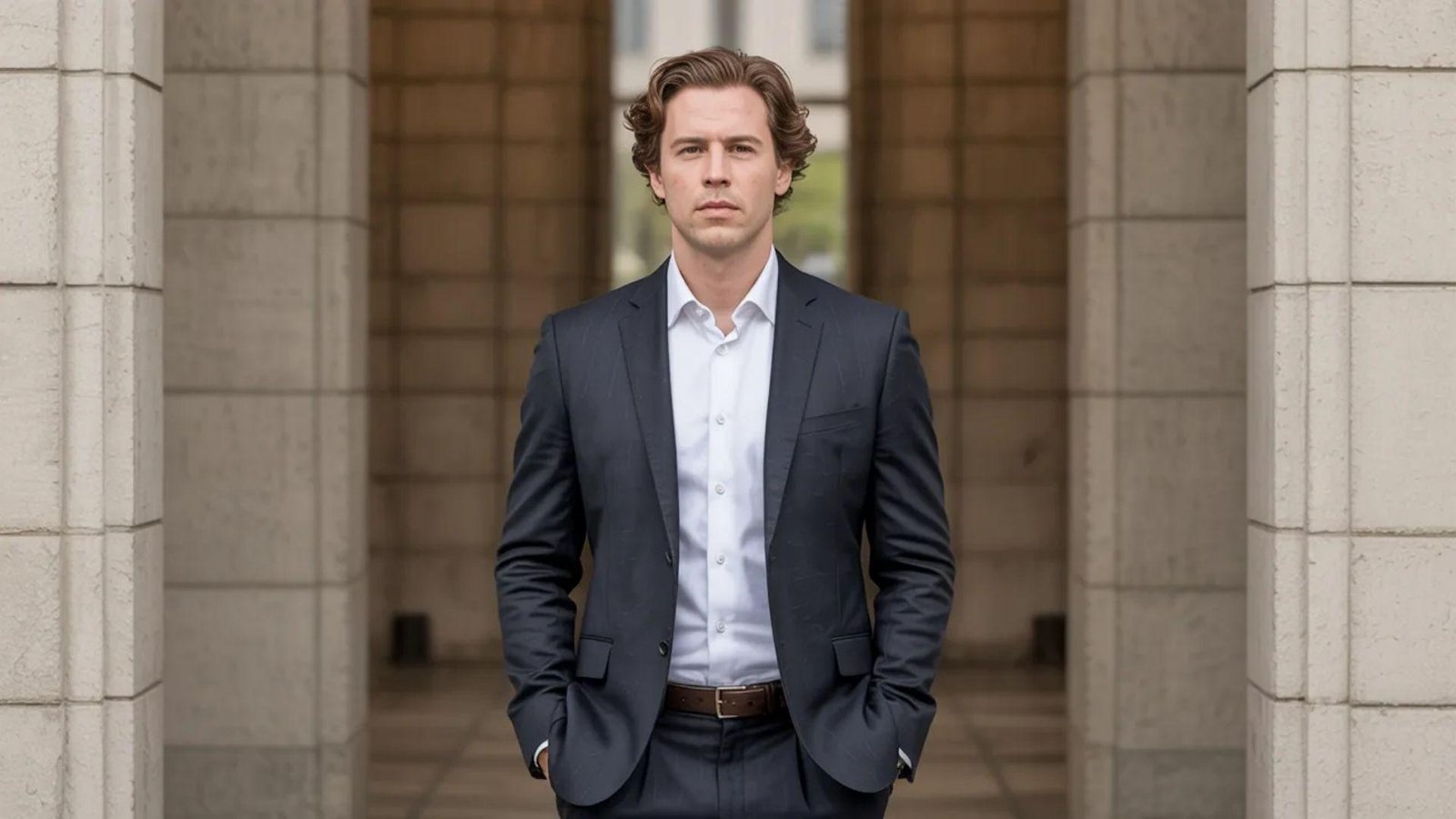 . A man in a suit stands confidently in front of a modern building, showcasing a professional appearance.
