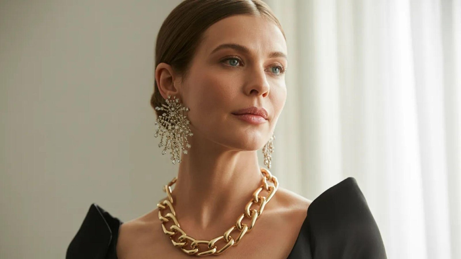 A woman in a black dress accessorized with a gold chain necklace, posing confidently.