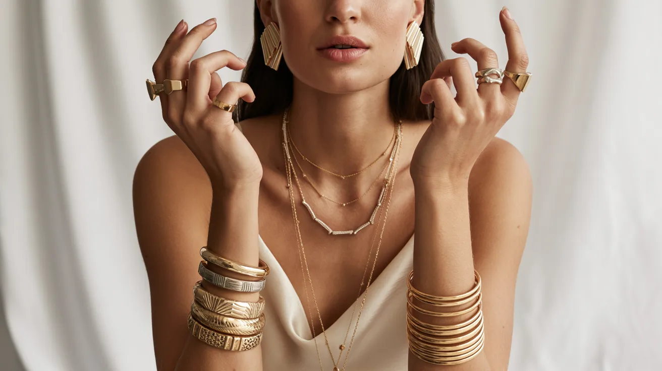 A woman adorned in gold jewelry raises her hands, showcasing her accessories and expressing joy or celebration.