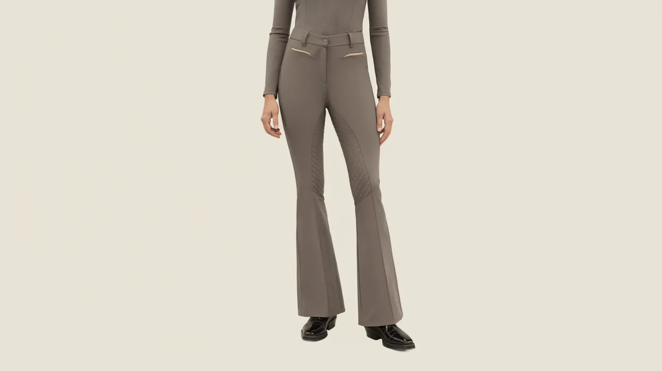 A model poses in a stylish grey top paired with flared pants, showcasing a modern fashion look.