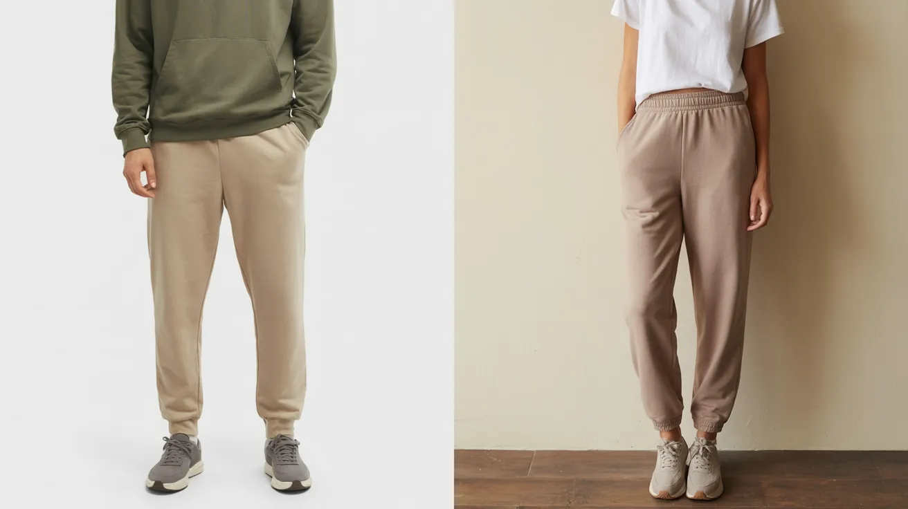  Two images of a man and woman dressed in casual sweatpants, showcasing relaxed athletic wear.
