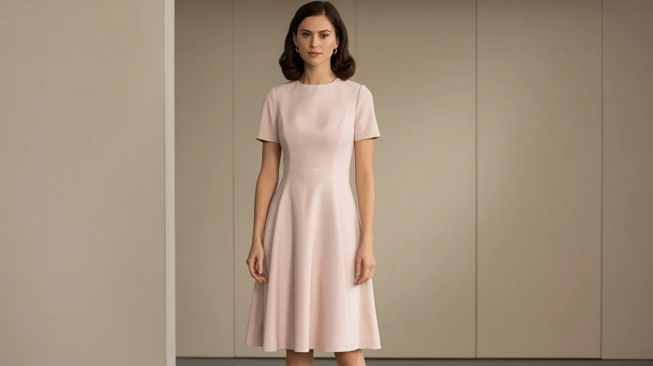  A model poses in a short-sleeved pink dress, showcasing its elegant design and vibrant color.