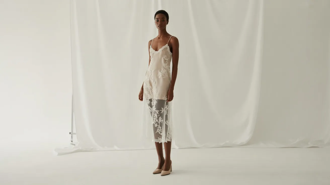 A model poses in a white lace dress against a plain white backdrop, showcasing elegance and simplicity.