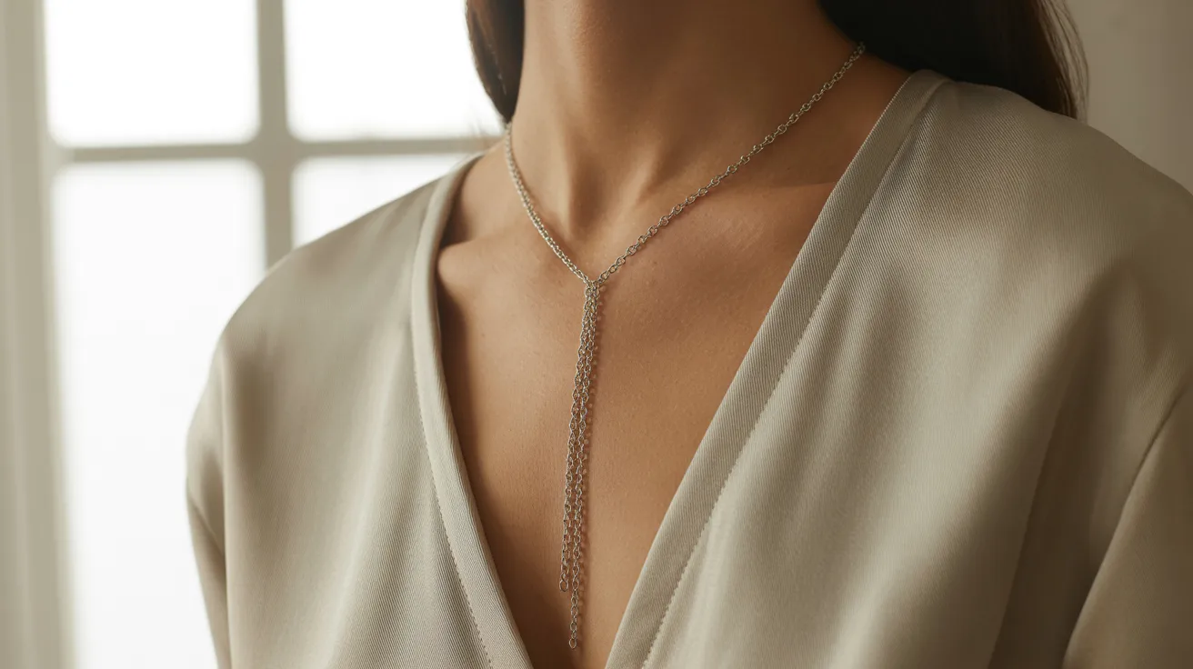 A woman wearing a black dress and a necklace, posing elegantly against a neutral background.