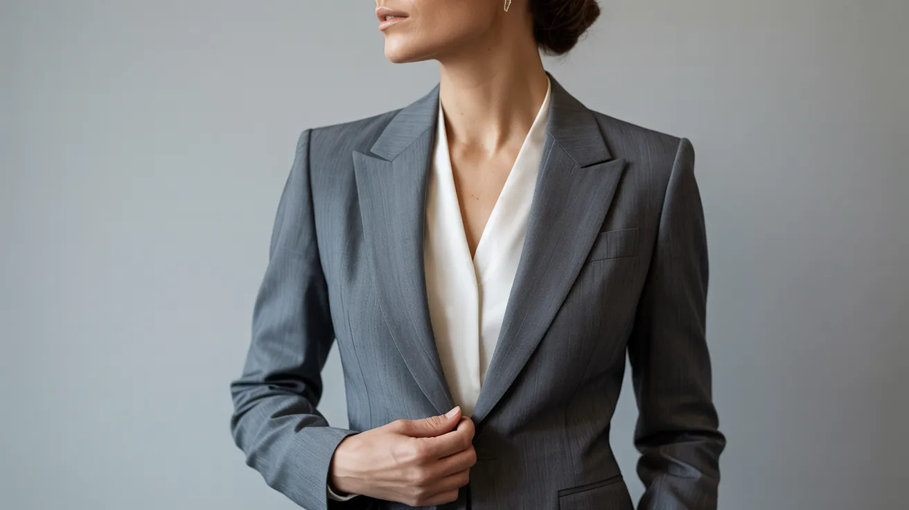 A woman in a business suit stands confidently against a gray background, exuding professionalism and poise.