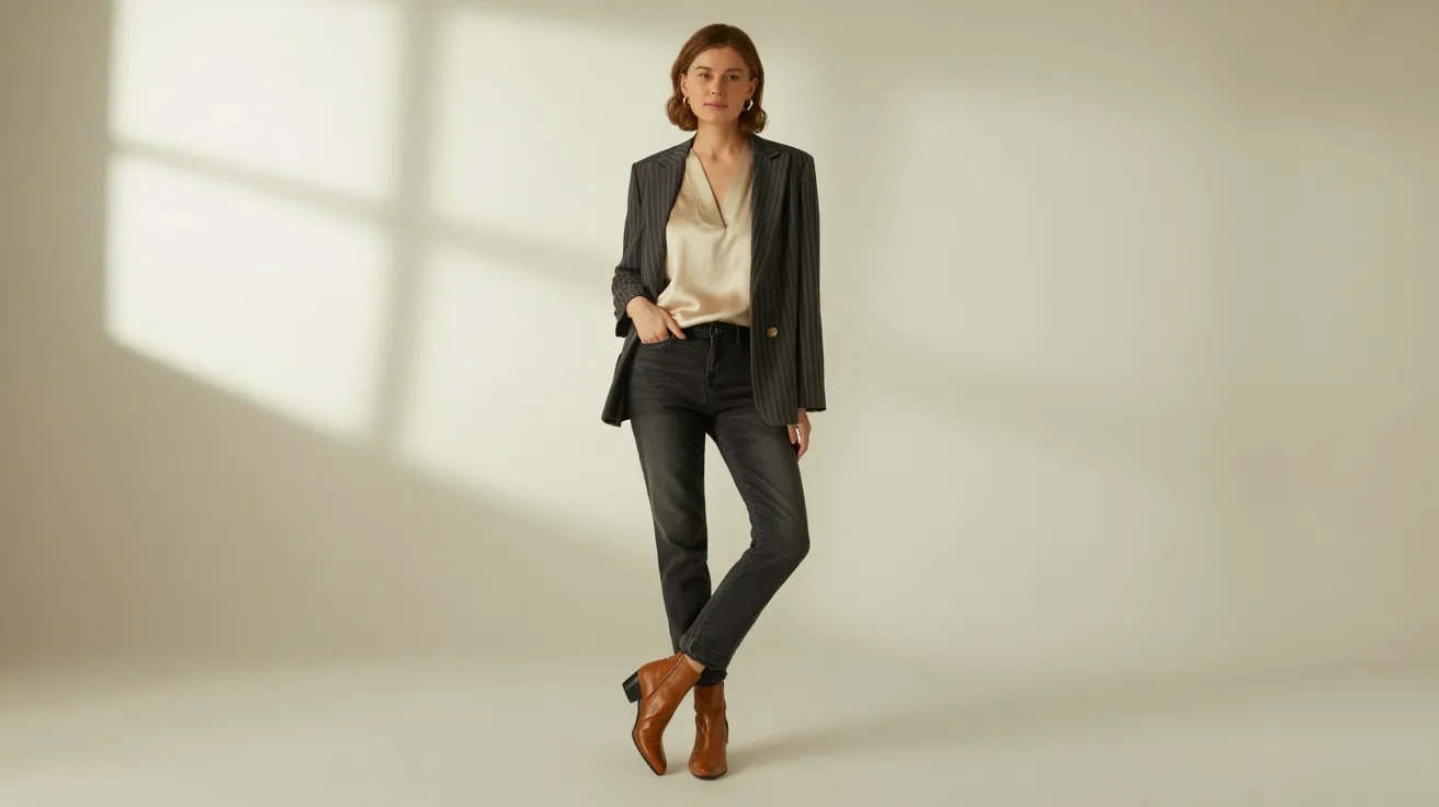 A woman wearing a white shirt and black pants stands confidently, showcasing a professional appearance.