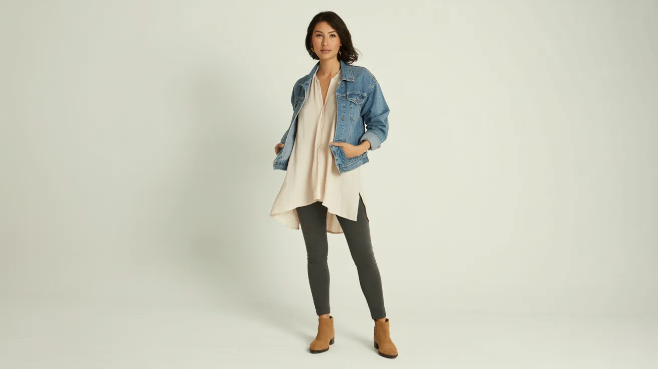 A woman wearing a denim jacket and leggings stands confidently, showcasing a casual and stylish outfit.