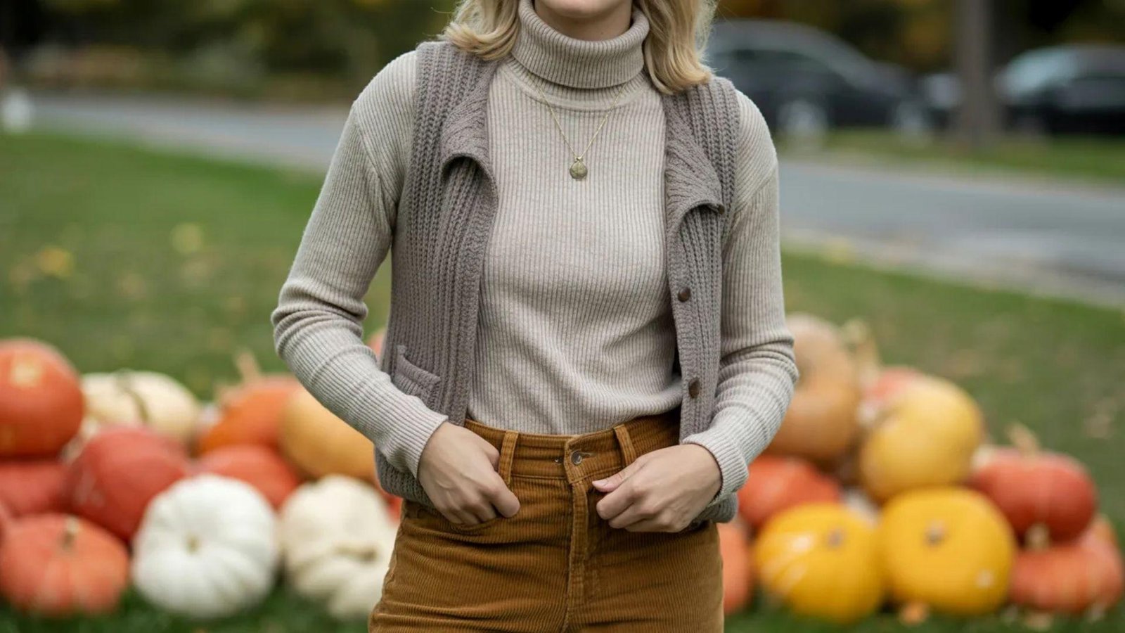 A woman in a sweater vest and skirt stands among pumpkins, showcasing a seasonal autumn setting.
