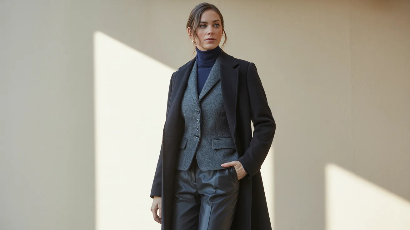 A woman in a black coat and turtleneck stands, exuding sophistication in her winter attire.