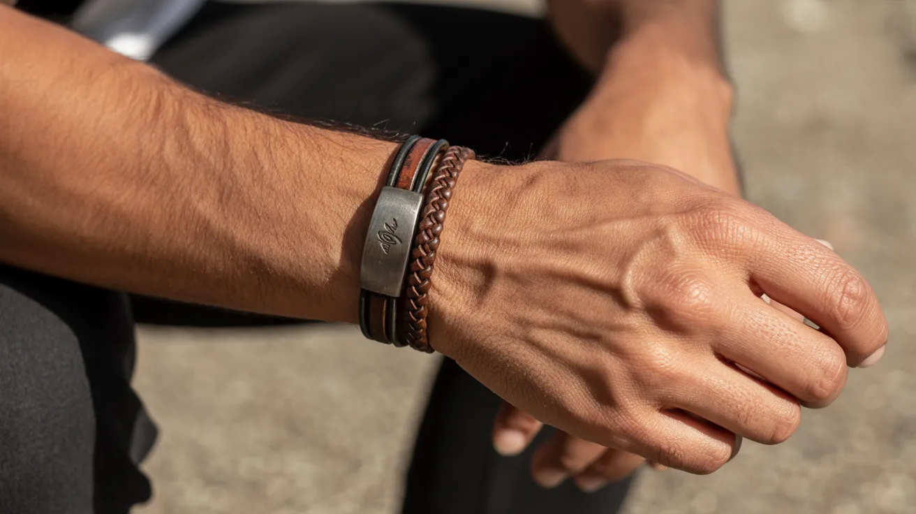 A man wearing a leather bracelet featuring a silver plate, showcasing a stylish accessory on his wrist.