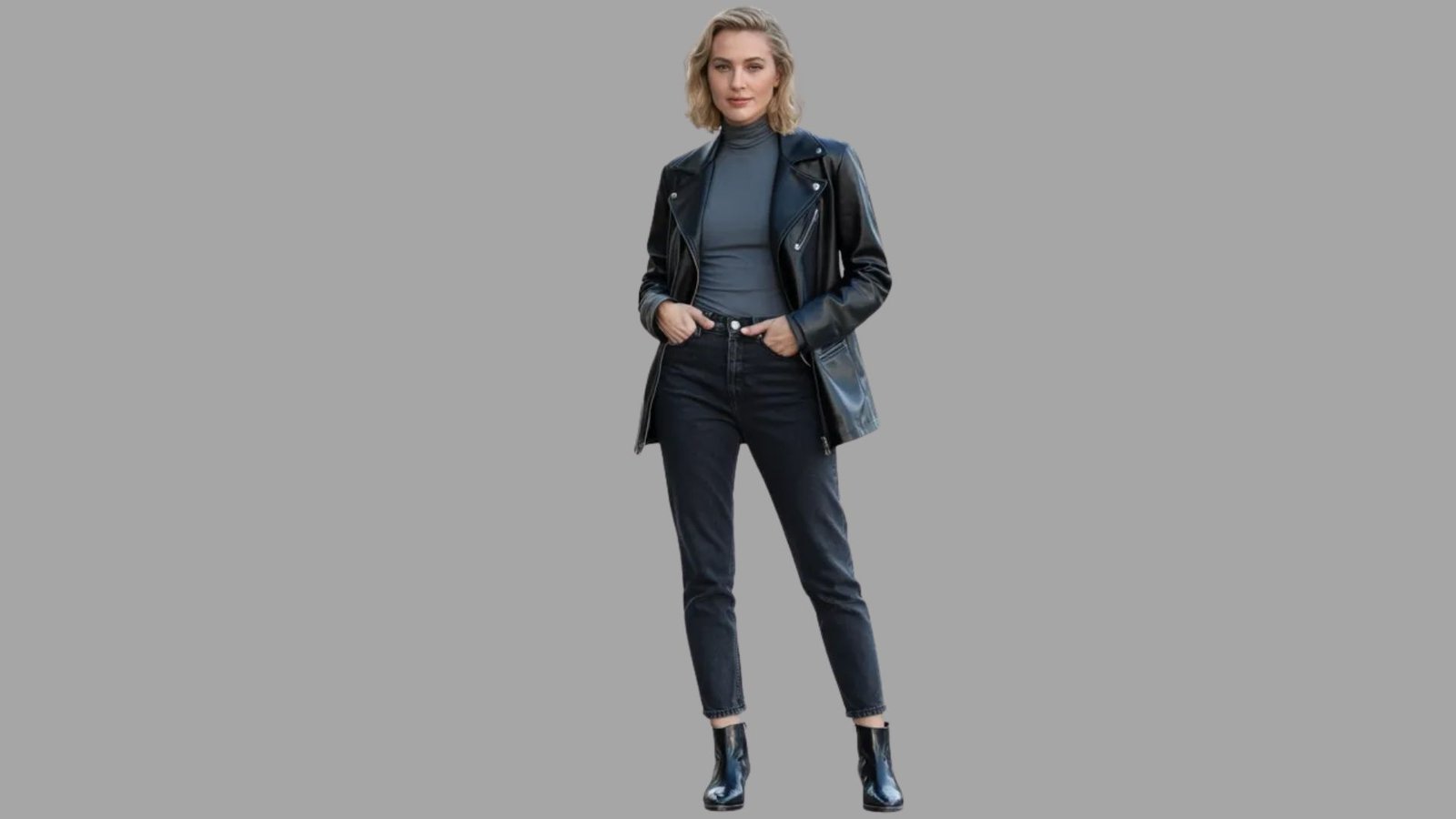  A woman wearing a black jacket and jeans stands confidently, showcasing a casual yet stylish outfit.