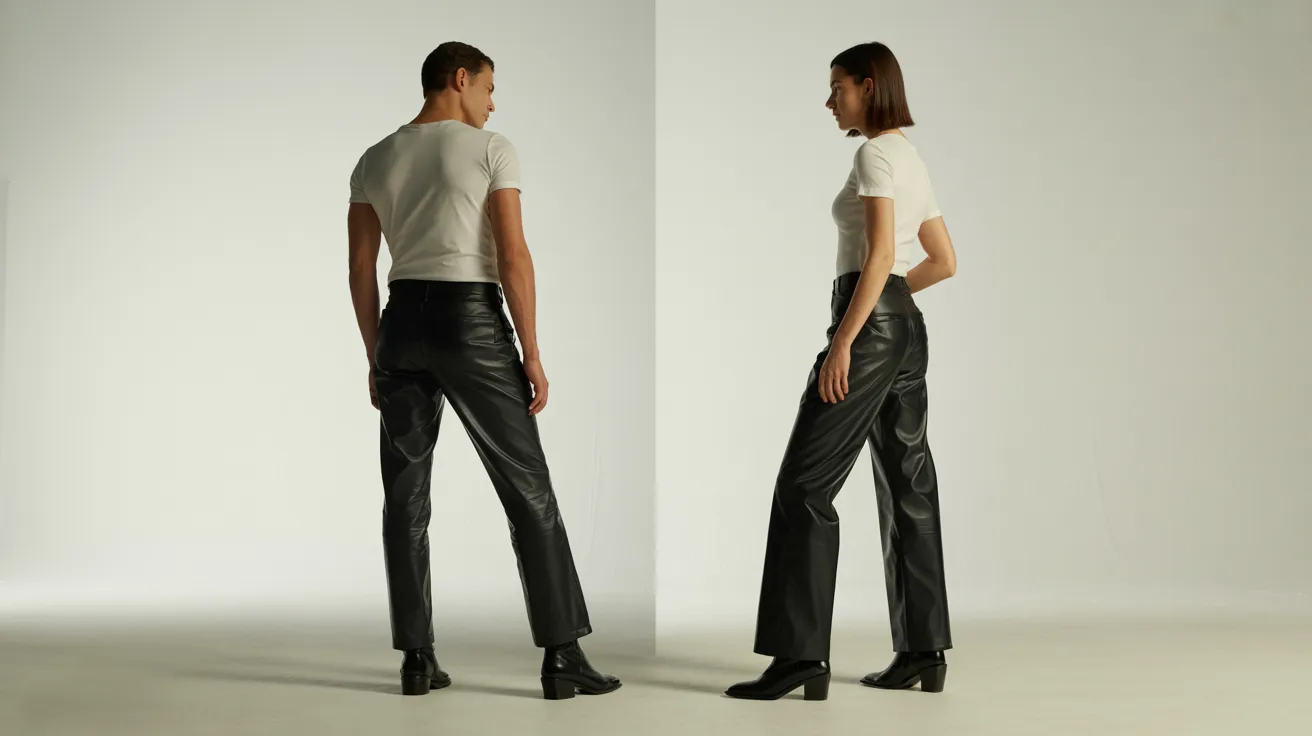 Two women dressed in black leather pants and white shirts stand together, showcasing a stylish and modern outfit.