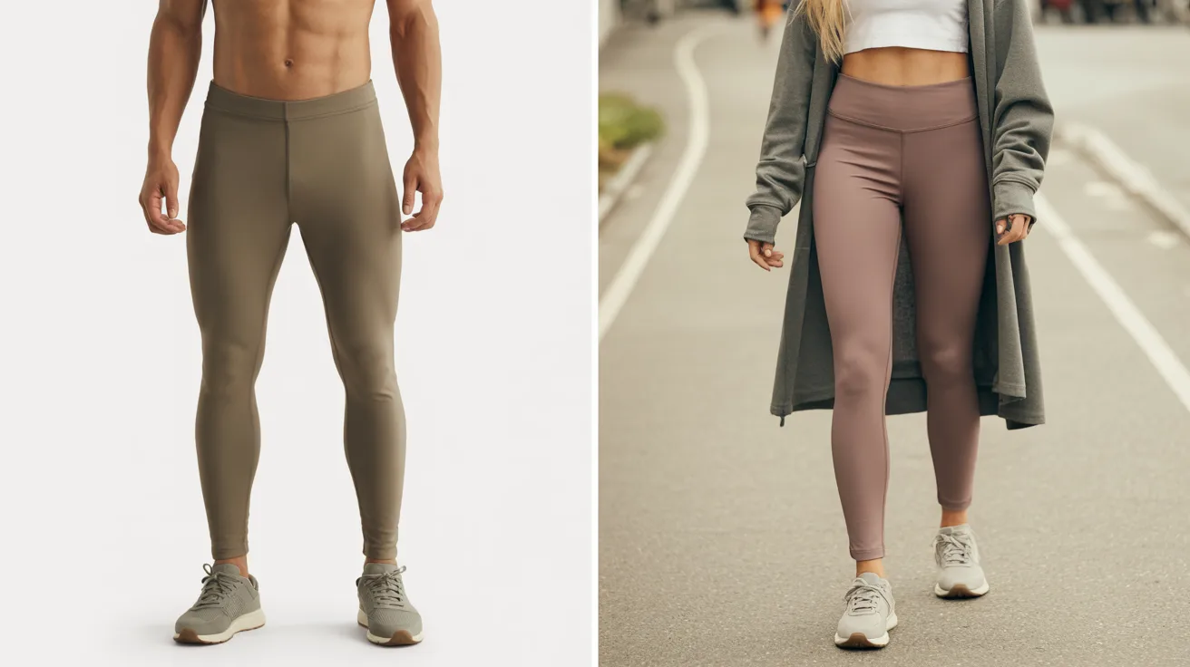 Two images of a man and woman modeling stylish leggings in a casual setting.