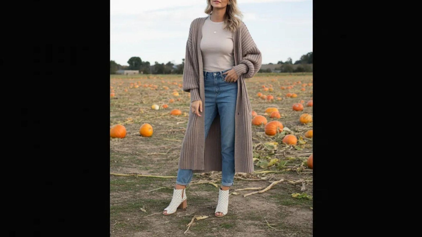 A woman in a long coat stands among vibrant orange pumpkins in a sunny field, enjoying the autumn scenery.
