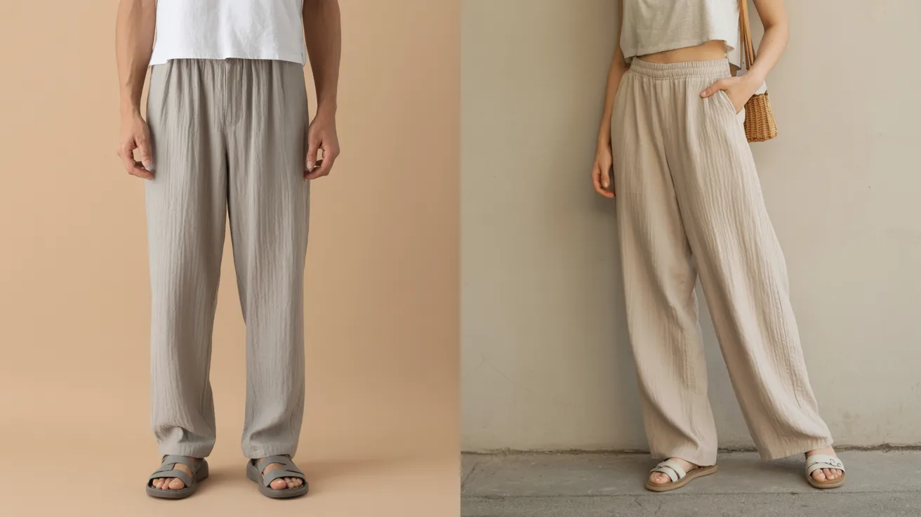  Two images of a woman showcasing stylish wide pants in different colors and patterns.