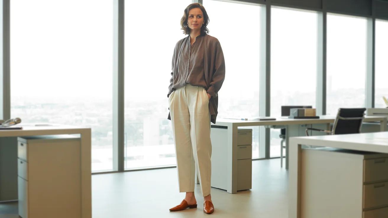 A woman stands in an office with large windows, allowing natural light to fill the space.