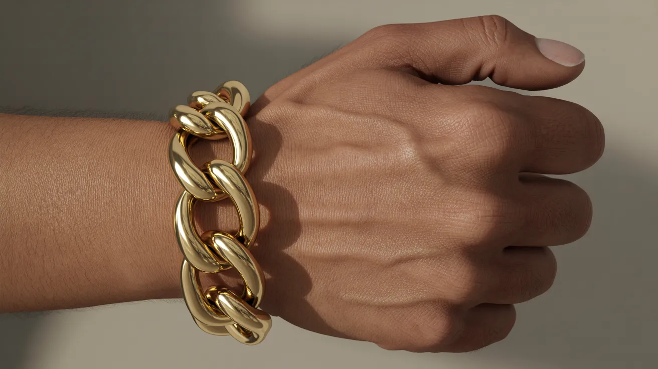A close-up of a man's hand holding a gold chain bracelet, highlighting its luxurious shine and craftsmanship.