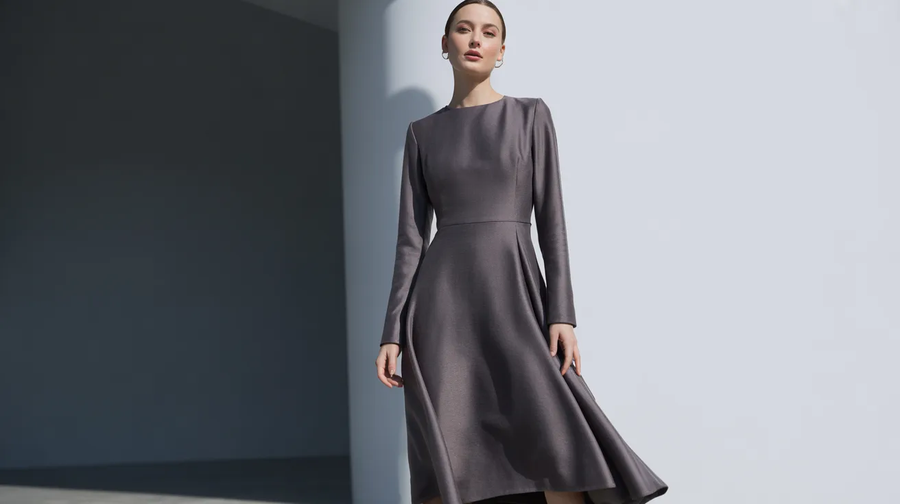 A model showcases a long-sleeved grey dress, highlighting its elegant design and fit.