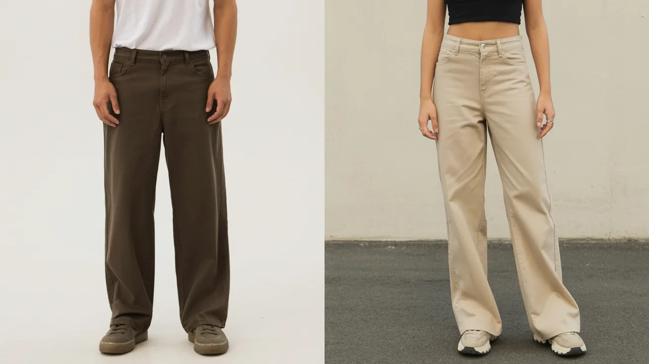 Two images of a man and woman standing side by side, both wearing stylish pants in a casual setting.
