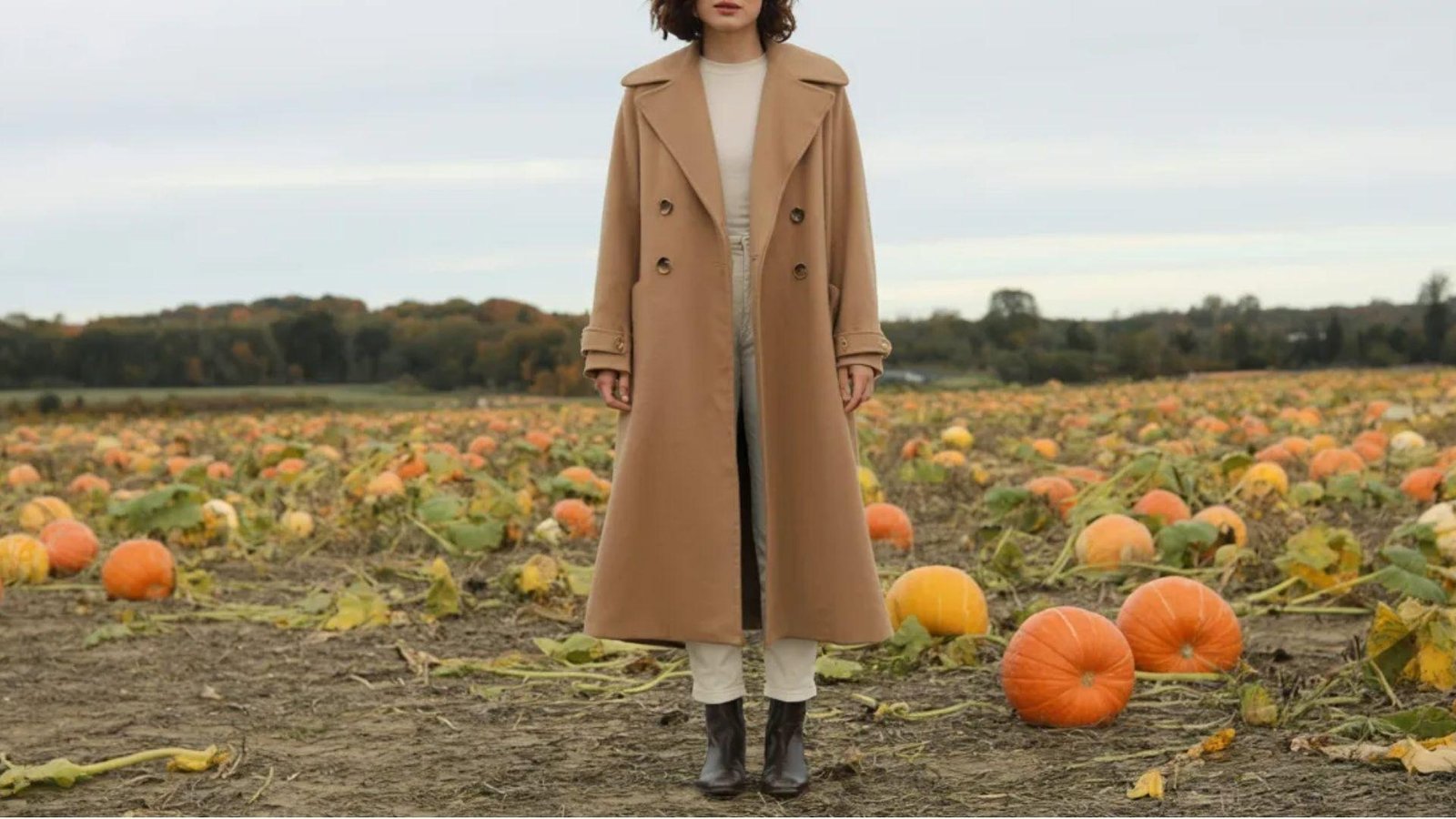 A woman in a camel coat stands among vibrant orange pumpkins in a sunny field, enjoying the autumn scenery.