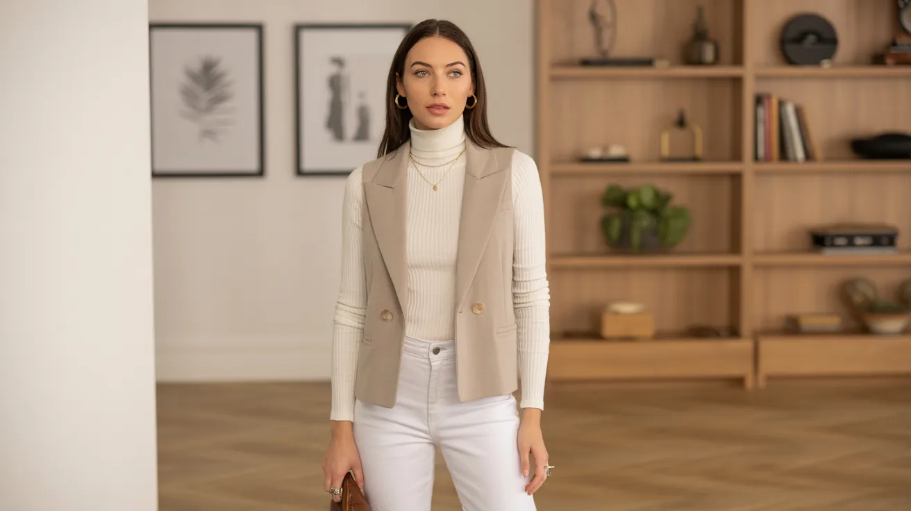 A woman wearing white pants and a beige vest stands confidently, showcasing a casual yet stylish outfit.