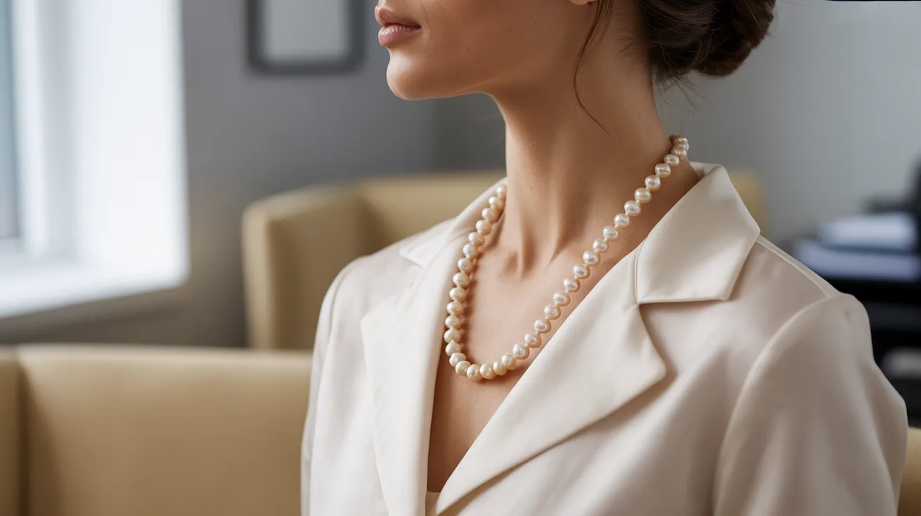 A woman wearing a gold disc necklace, showcasing its elegant design against her outfit.