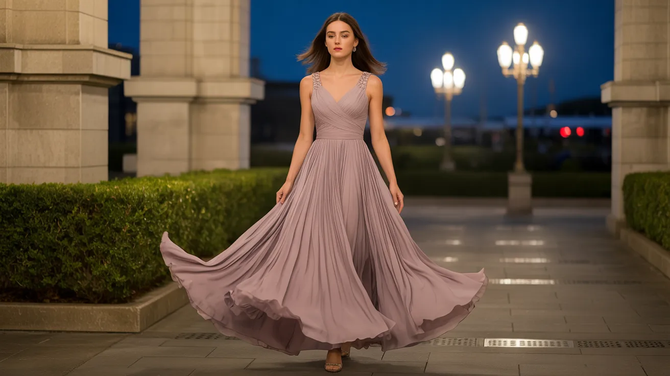 A woman in a long dress walks down a dimly lit walkway at night, surrounded by shadows and soft ambient light.