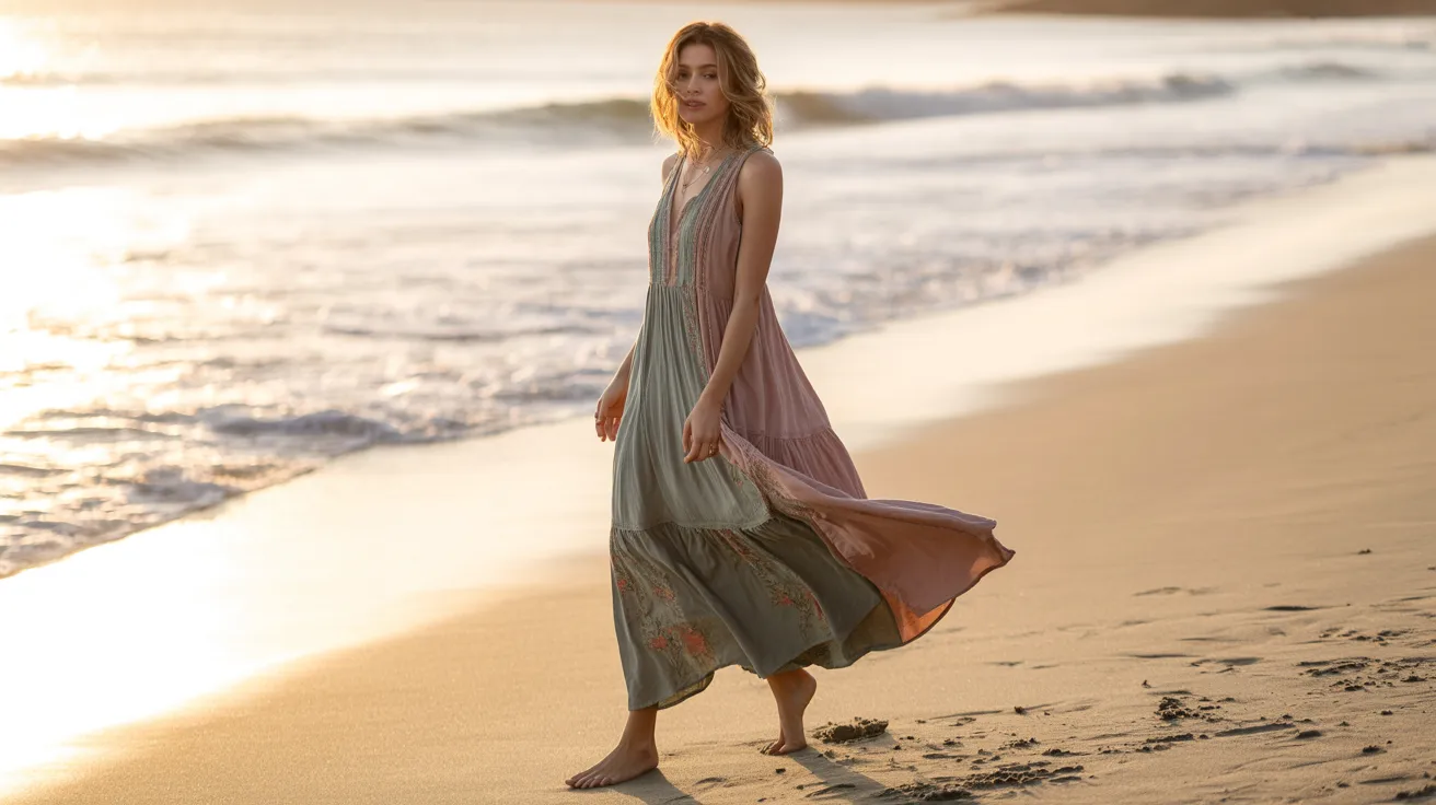 A woman in a flowing dress strolls along the sandy beach, with gentle waves lapping at her feet.