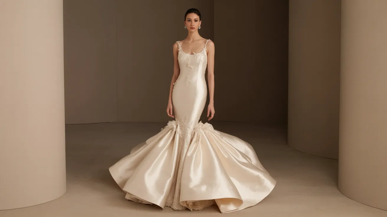 Elegant satin wedding dress featuring a plunging neckline, showcasing a sophisticated and modern bridal style.