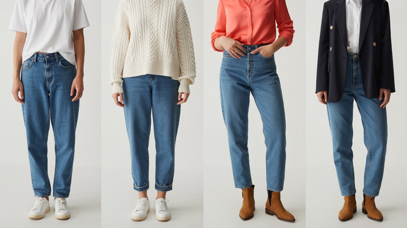 Four styles of jeans displayed in various colors, showcasing different cuts and designs for diverse fashion preferences.