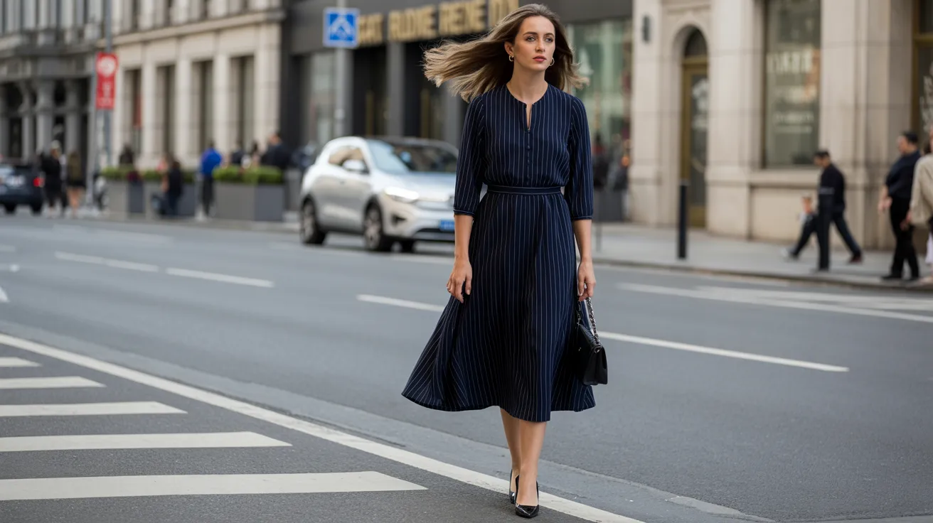  A woman in a blue dress is crossing the street, with traffic visible in the background.