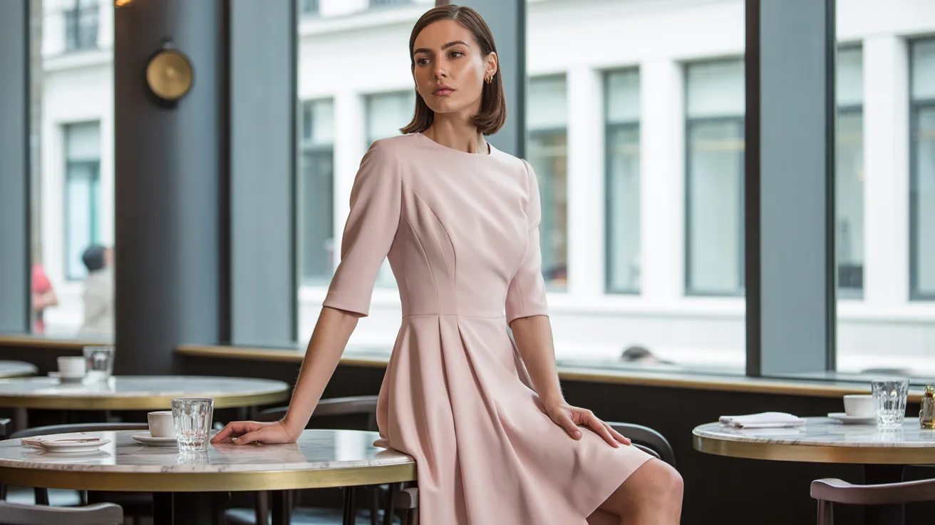 A woman in a pink dress sits at a table, smiling and engaged in conversation.