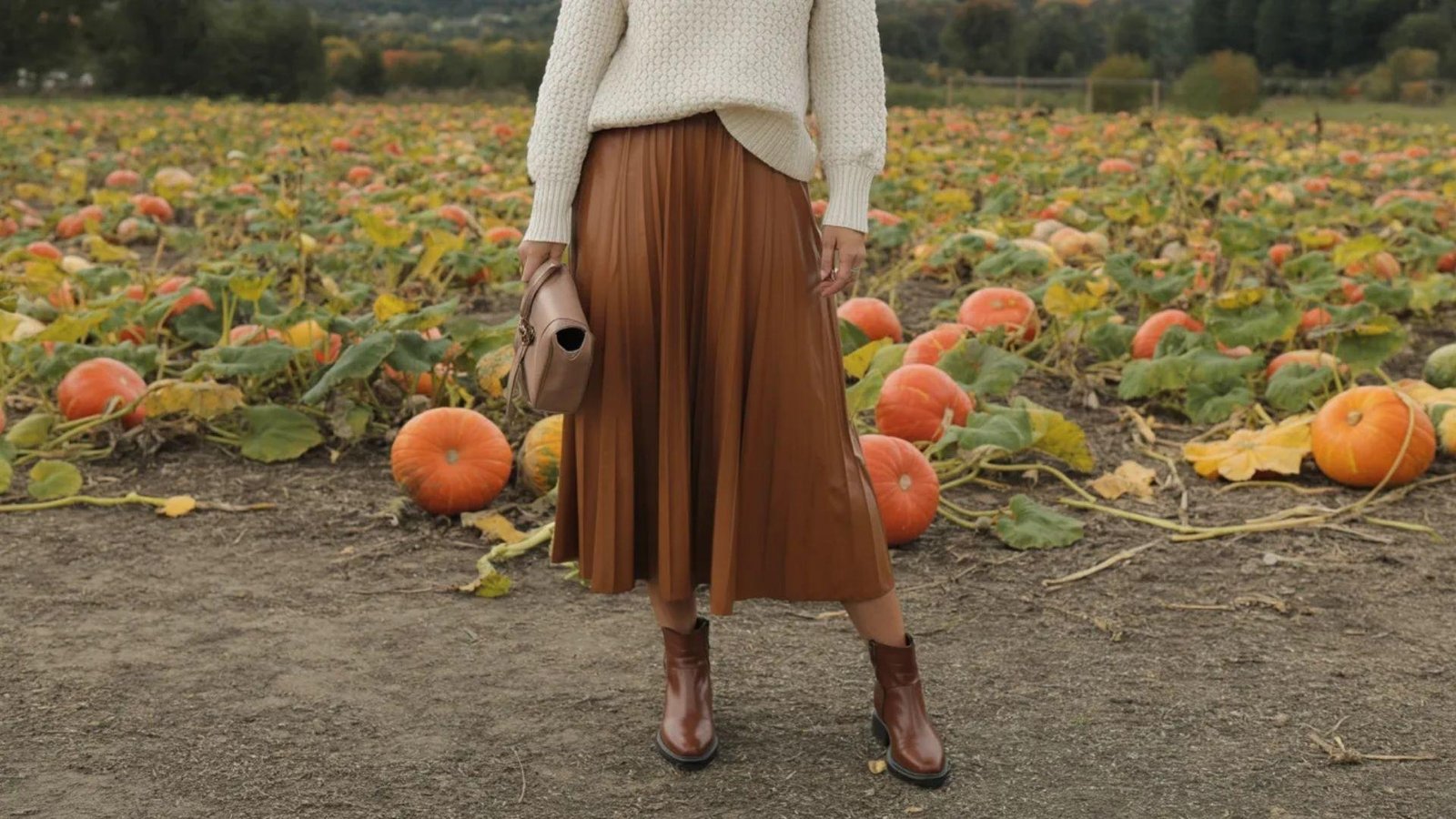  A woman in a sweater and skirt stands among pumpkins in a vibrant pumpkin patch, enjoying the autumn scenery.