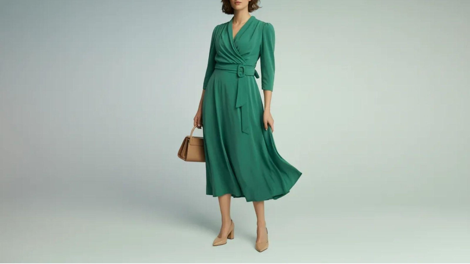 . A long sleeve, wrap-around dress in a vibrant green color, elegantly draping to enhance the silhouette.
