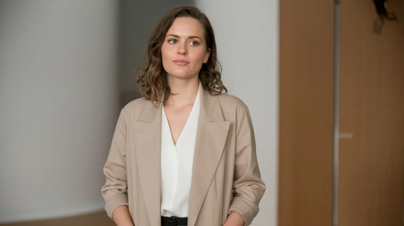 A woman wearing a white shirt and a tan jacket stands confidently, showcasing a professional appearance.