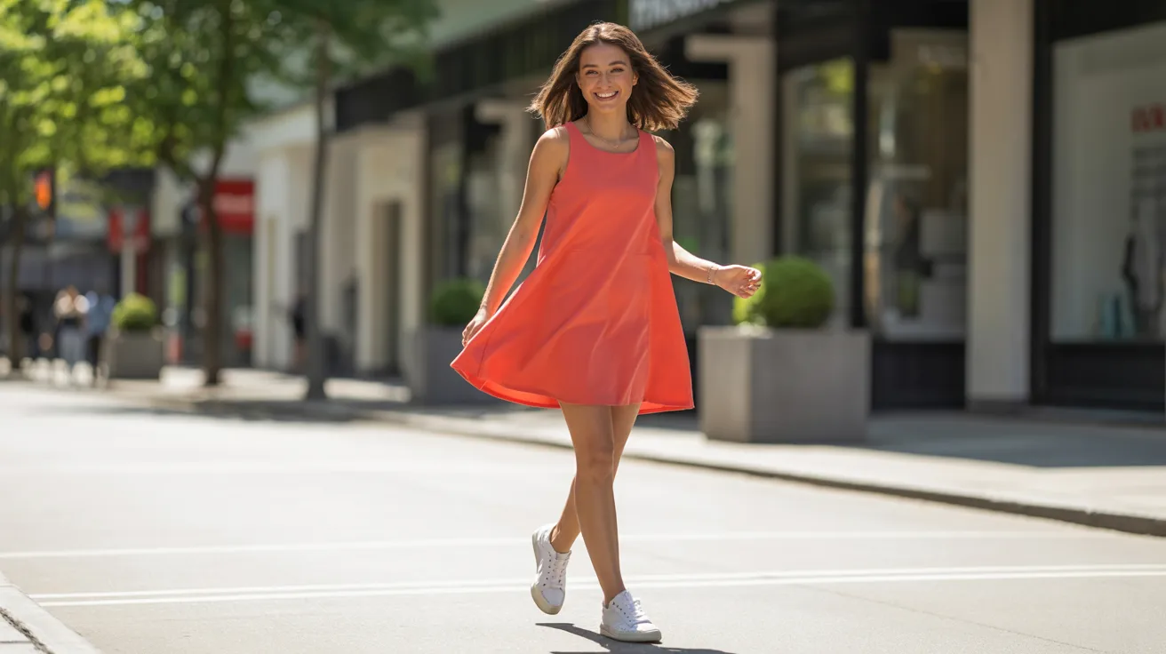A woman in an orange dress walks confidently down a city street, surrounded by urban scenery.