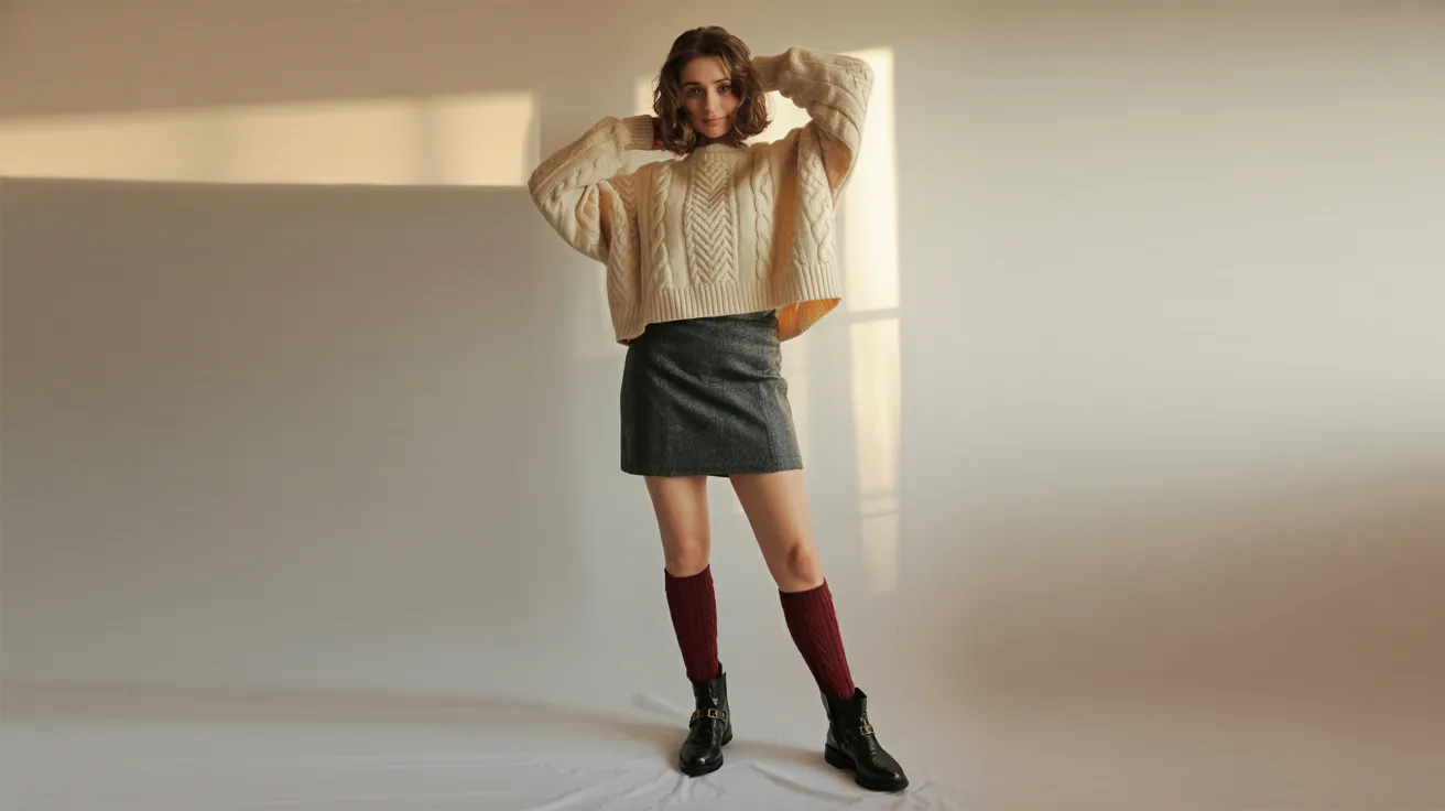 A woman in a stylish sweater and skirt poses confidently, showcasing her outfit against a neutral background.