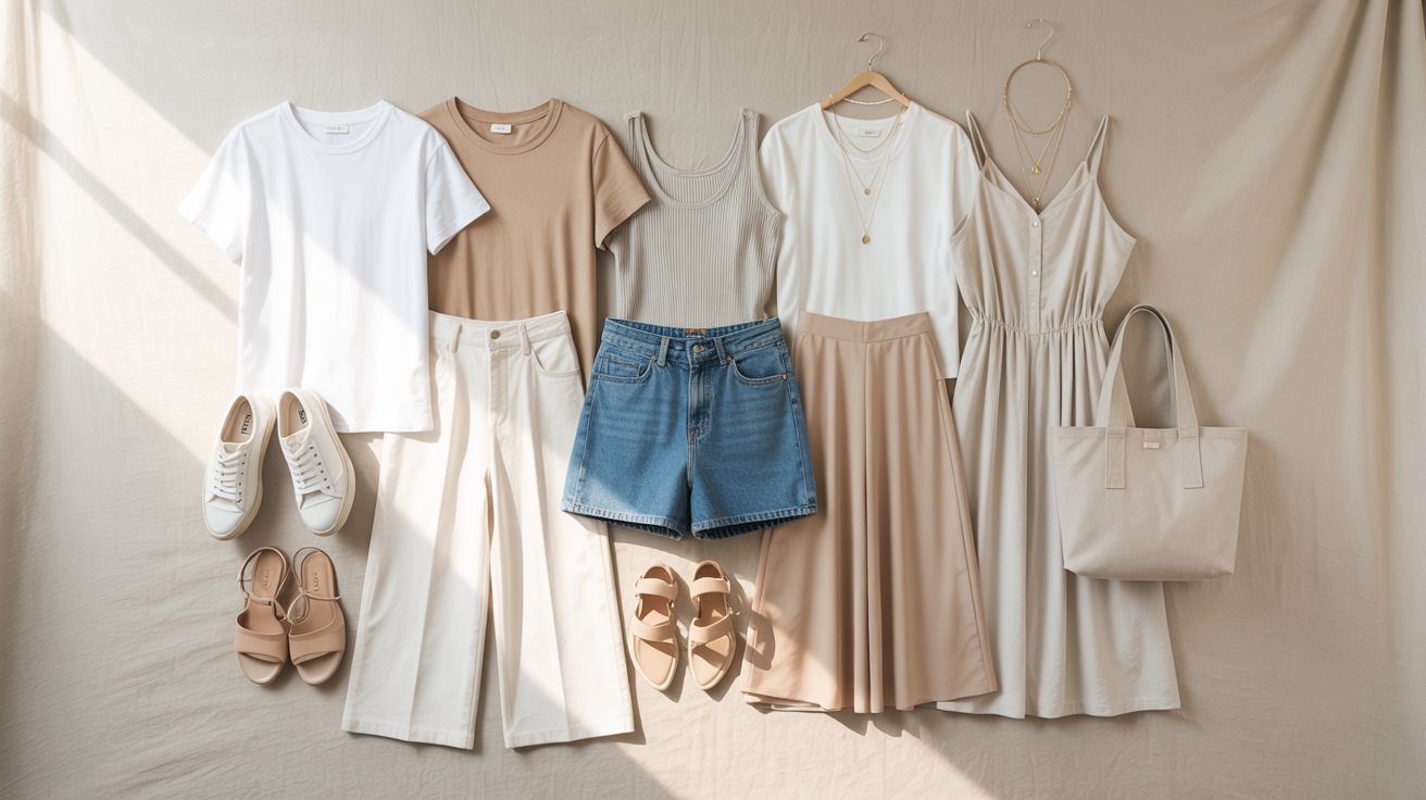 A collection of clothing items featuring a white shirt, blue jeans, and brown sandals arranged neatly.