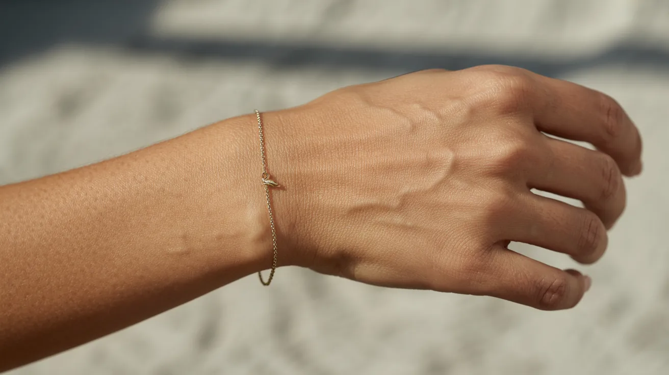 A woman's hand elegantly holds a gold bracelet, showcasing its shine and intricate design against a neutral background.