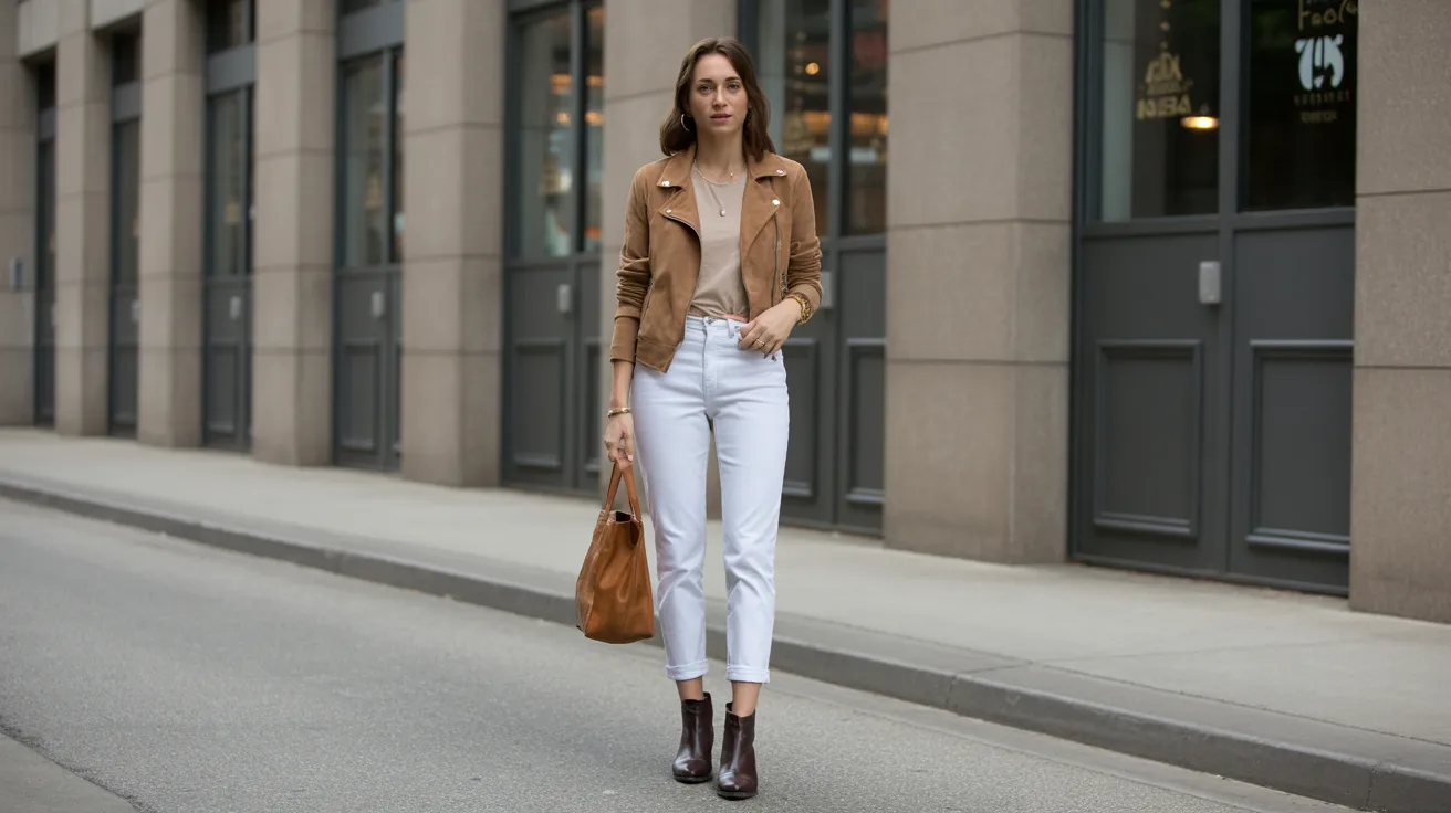 A woman wearing white jeans and a brown jacket stands confidently, showcasing a casual yet stylish outfit.