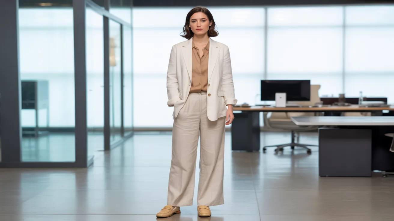 A woman in a white suit stands confidently in a modern office setting, surrounded by sleek furniture and natural light.