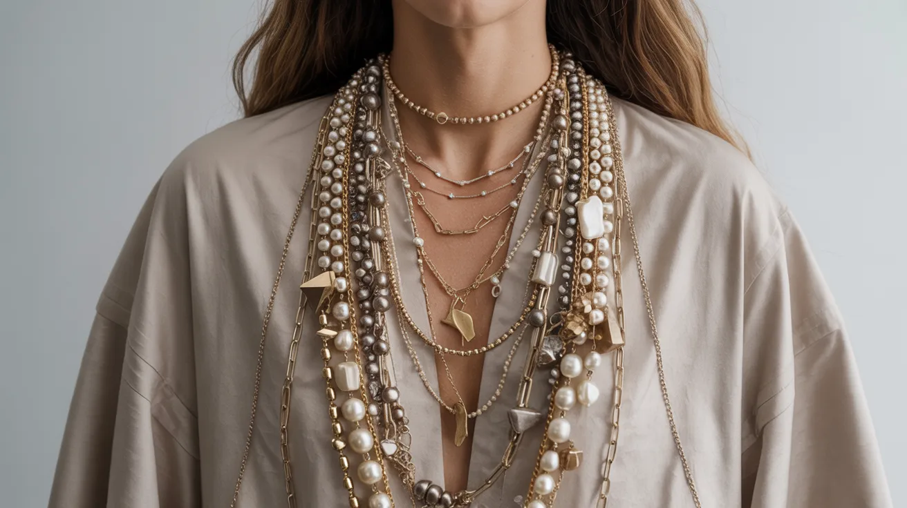 A woman showcases a variety of necklaces, each with unique designs, worn together for a layered look.