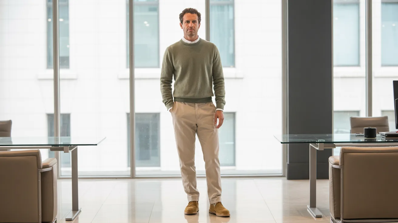 A man stands in an office with large windows, allowing natural light to fill the space.r